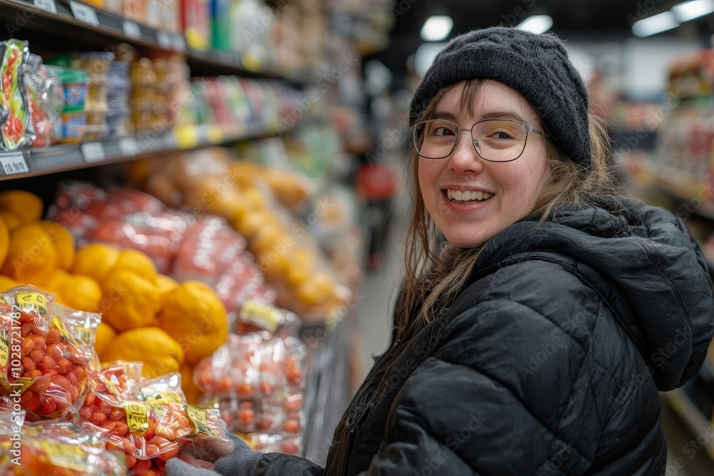 Smiling woman with Down syndrome working in a grocery store, Generative AI