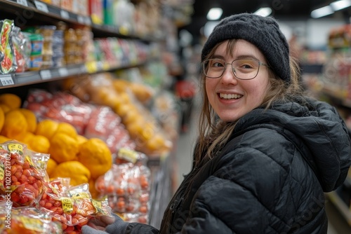 Smiling woman with Down syndrome working in a grocery store, Generative AI