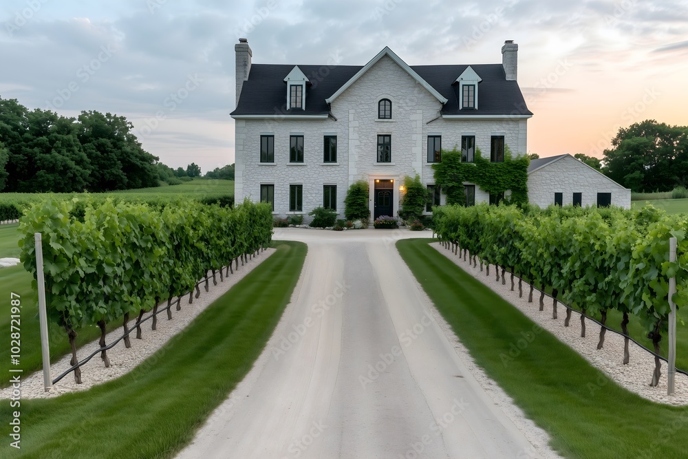 Vineyard domaine house, flourishing grapevines vibrant green leaves of the vines. Wine producer.