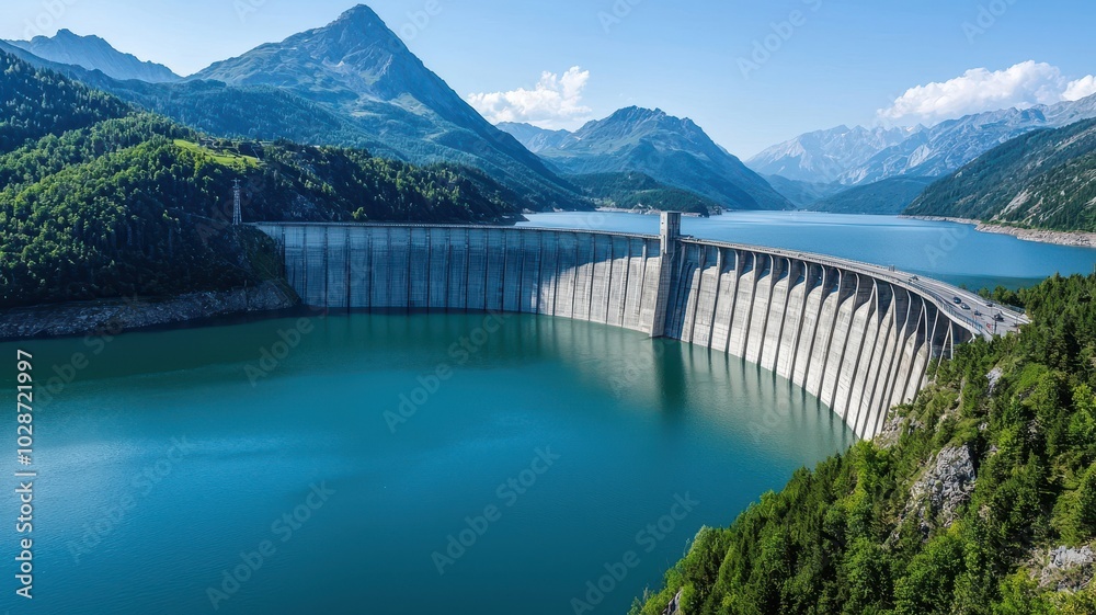 A stunning dam surrounded by lush mountains and clear blue water, showcasing a blend of nature and engineering. A stunning dam surrounded by lush mountains and clear blue water, showcasing a blend of nature and engineering.
