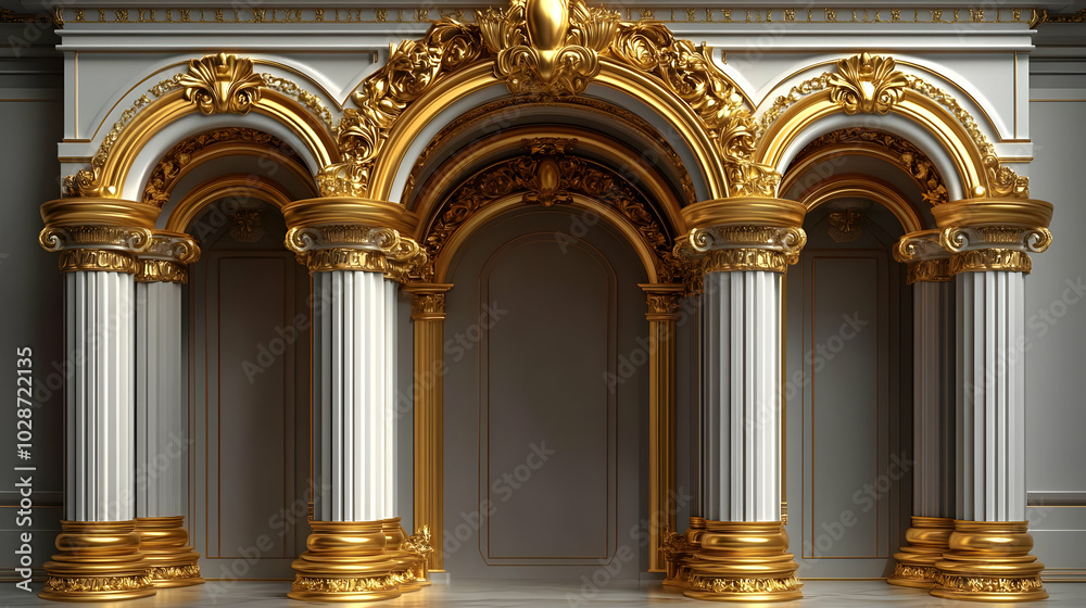 Ornate architectural design featuring golden columns and arches. Ornate architectural design featuring golden columns and arches.