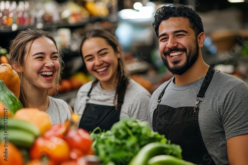Obraz na płótnie Grocery store workers laughing happily in their shop, Generative AI w salonie