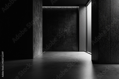 Mimalist monochromatic black background of an empty room with wall 