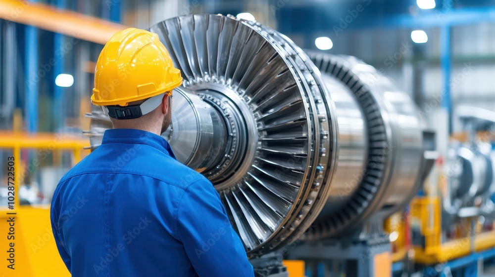 A worker in a yellow helmet inspects a large jet engine in a modern manufacturing facility. A worker in a yellow helmet inspects a large jet engine in a modern manufacturing facility.