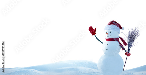 Cute smiling snowman with red scarf and hat with a broom in his hand isolated on transparent background
