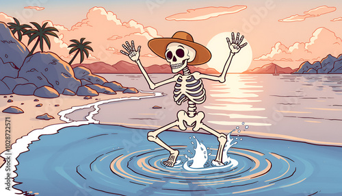 Cartoon skeleton jumping out of the water. Summer vibe . Outline illsutration photo