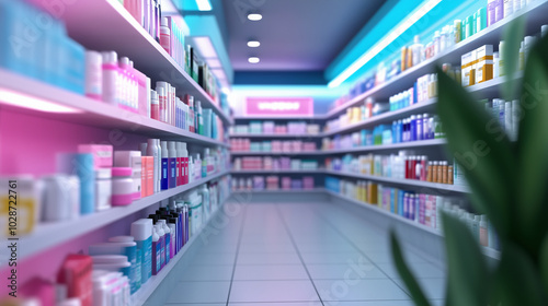 A pharmacy scene with shelves fully stocked with a colorful range of medicines and health products, including skincare, supplements, and over-the-counter treatments, symbolizing he