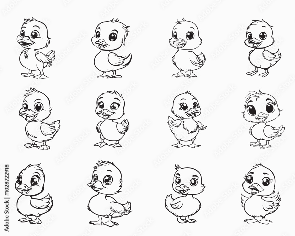 Fototapeta premium Collection of baby duck Outline Design - Cute duck Vector illustration 