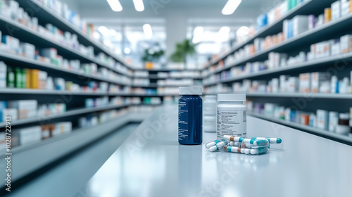 A sleek pharmacy space with minimalist shelves stacked with prescription medications, over-the-counter products, and health supplements, emphasizing the modern pharmaceutical retai photo