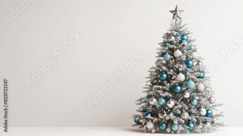 snowy christmas tree with blue ornaments isolated on white photo