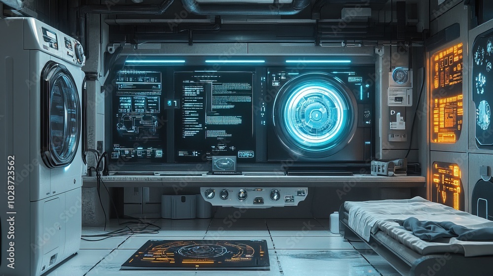 Futuristic laundry room with advanced washing machine and holographic interfaces Futuristic laundry room with advanced washing machine and holographic interfaces