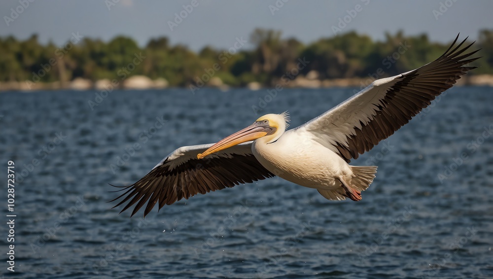 A large white pelican is in flight over dark water.