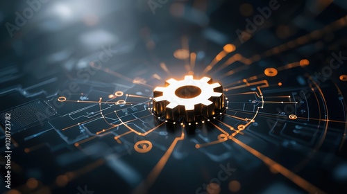 A glowing circle of digital devices with interlocking gears symbolizes virtual teamwork and collaboration