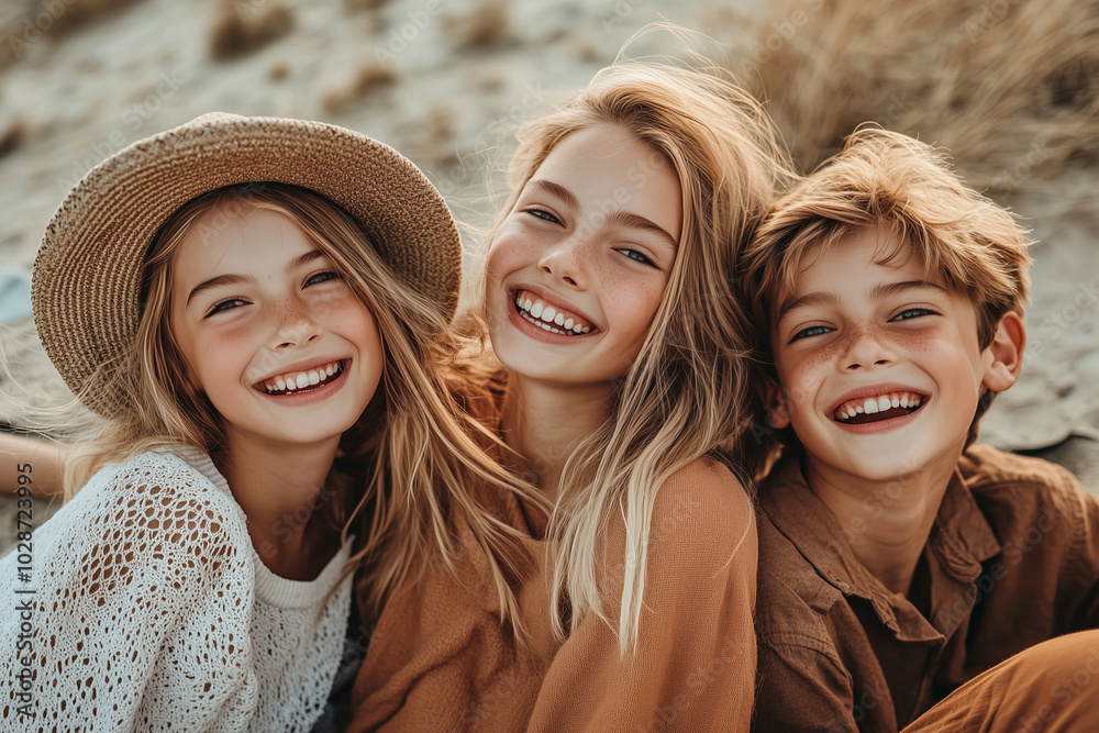 Fototapeta premium Family enjoying a day at the beach, playful interactions.Three children sit on the beach, smiling for the camera