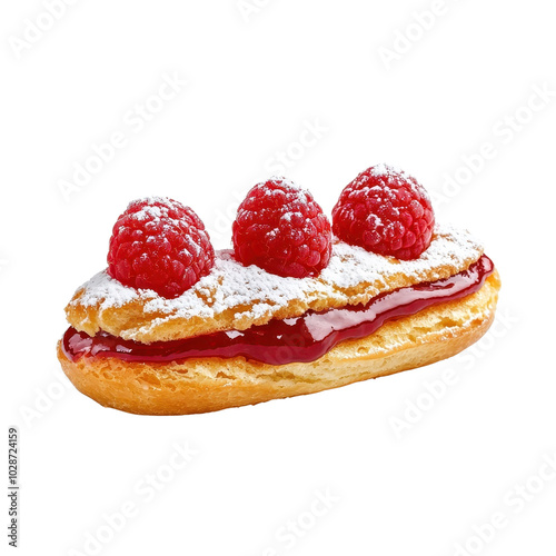 Raspberry éclair isolated on a white background, vibrant and glossy with a tart glaze. PNG