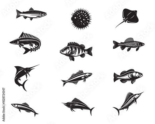 Set of fishes Vector illustration in black and white - Fish Clipart Design
