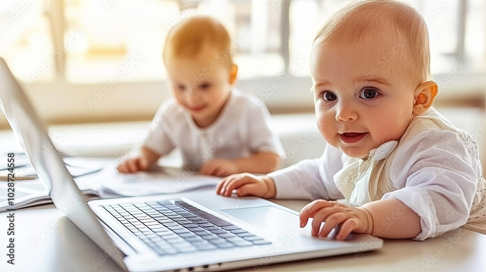 Two Adorable Toddlers Explore a Laptop While Sitting at a Table Indoors in Natural Light During the Day Two Adorable Toddlers Explore a Laptop While Sitting at a Table Indoors in Natural Light During the Day