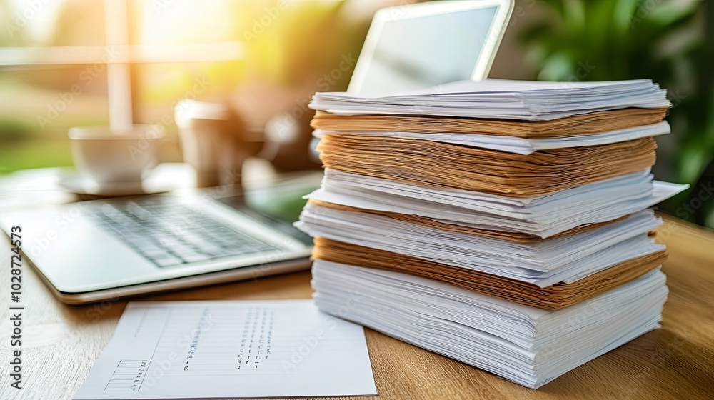 Fototapeta premium A Workspace With a Stack of Documents Beside a Laptop and a Steaming Coffee Cup During a Sunny Afternoon