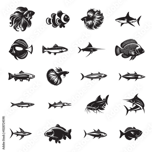 Fishes Vector illustration in black and white - Fish Clipart silhouette Design Bundle
