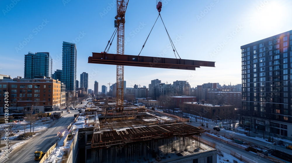 A panoramic view of a large construction site bustling with activity, showcasing a towering crane lifting steel beams against a backdrop of half-built residential buildings and a c A panoramic view of a large construction site bustling with activity, showcasing a towering crane lifting steel beams against a backdrop of half-built residential buildings and a c