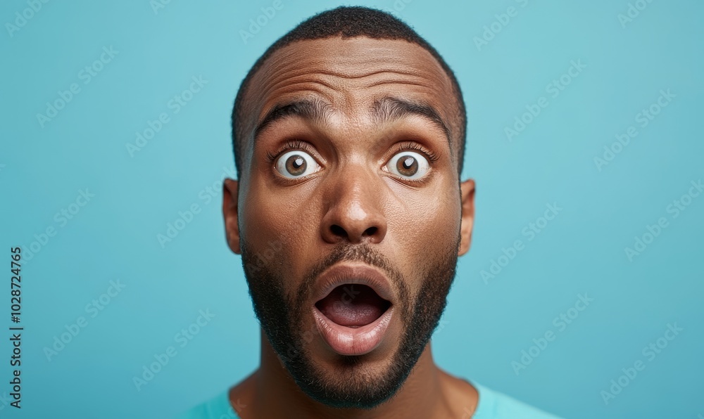 Man with wide eyes expressing shock against a blue background in a moment of surprise or disbelief. Man with wide eyes expressing shock against a blue background in a moment of surprise or disbelief.