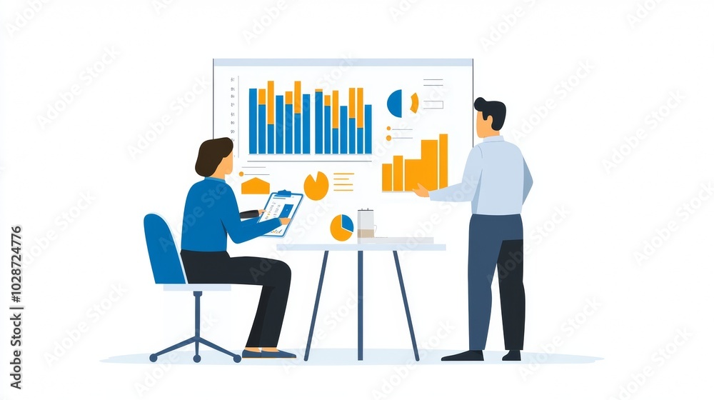 Vector illustration of office people: Streamlining marketing and business analysis for improved outcomes Vector illustration of office people: Streamlining marketing and business analysis for improved outcomes