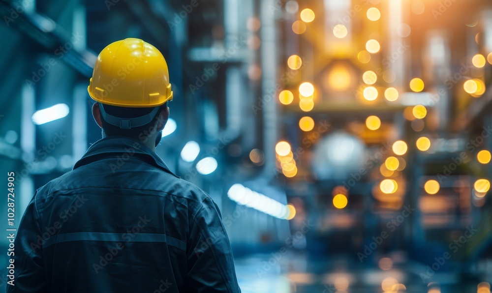 Construction worker in a safety helmet observes operations in a busy industrial facility during evening hours. Construction worker in a safety helmet observes operations in a busy industrial facility during evening hours.