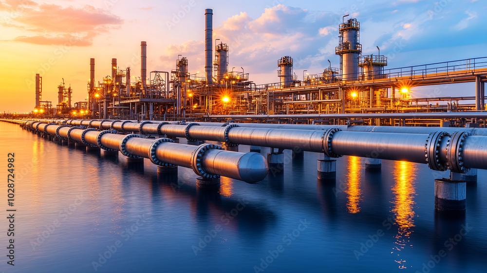 Fototapeta premium Industrial Oil Refinery at Sunset With Illuminated Pipelines Reflecting in Calm Waters Near a Coastal Location