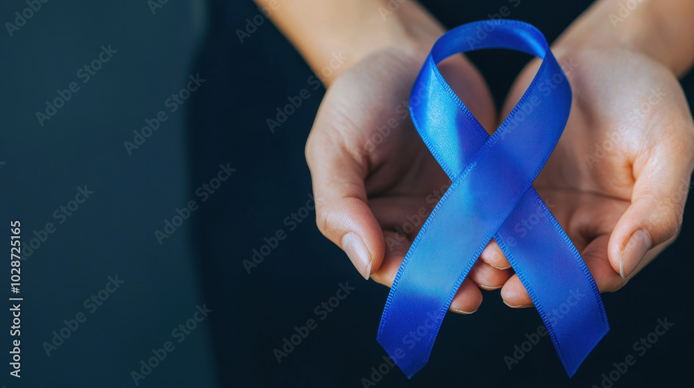 Hands holding blue awareness ribbon symbolizing support for diabetes awareness. This conveys message of hope and solidarity in fight against diabetes