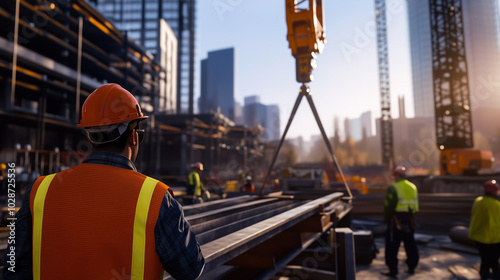 An engaging scene of a crane operator focused on lifting steel beams, surrounded by a bustling construction site with workers collaborating, showcasing the complexity of modern con