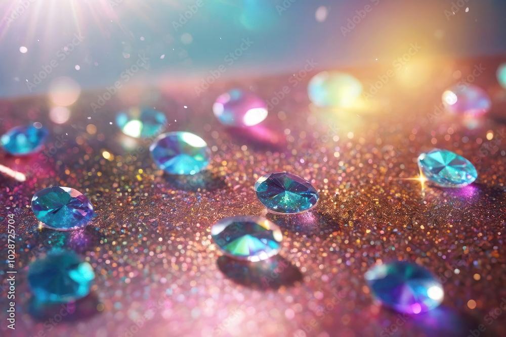 3D render holographic chrome Y2K element. Liquid metal, shiny colorful gems are scattered on a pink background. The gems are of various sizes and colors. Concept of joy and celebration 3D render holographic chrome Y2K element. Liquid metal, shiny colorful gems are scattered on a pink background. The gems are of various sizes and colors. Concept of joy and celebration