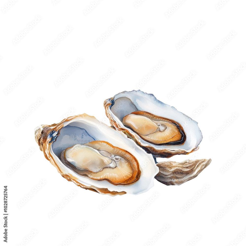Watercolor-style grilled oysters, isolated on a white background, illustrated with soft strokes and vibrant hues that capture their essence. PNG Watercolor-style grilled oysters, isolated on a white background, illustrated with soft strokes and vibrant hues that capture their essence. PNG