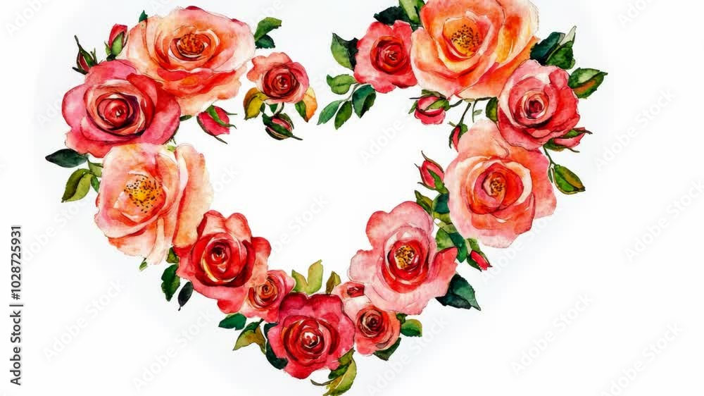 A watercolor illustration of a heart made from pink and red roses with green leaves A watercolor illustration of a heart made from pink and red roses with green leaves