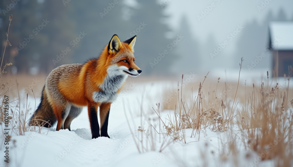 A fox stands alert in a snowy field A fox stands alert in a snowy field
