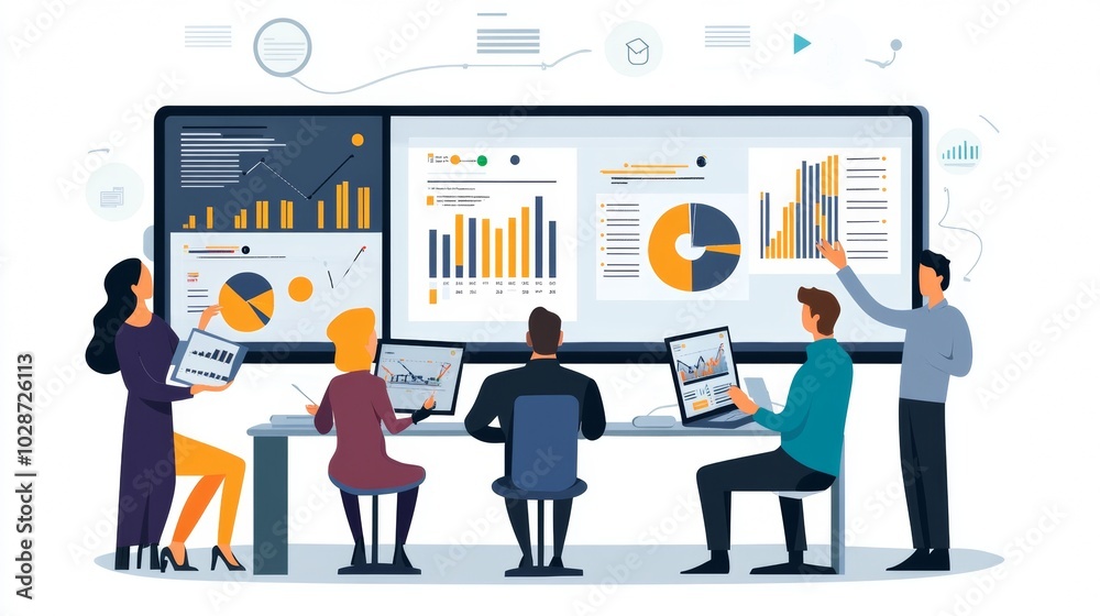 Vector illustration of office people: Enhancing teamwork to streamline digital marketing efforts Vector illustration of office people: Enhancing teamwork to streamline digital marketing efforts