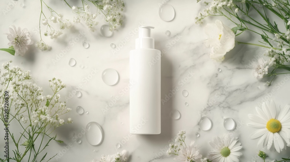 White pump bottle surrounded by white flowers and water drops on a marble surface. White pump bottle surrounded by white flowers and water drops on a marble surface.