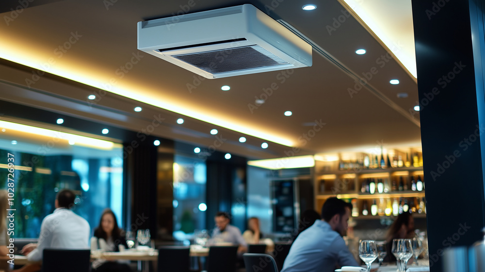 A modern restaurant featuring a ceiling-mounted air conditioning unit, with patrons enjoying their meals under soft, ambient lighting that enhances the dining experience. A modern restaurant featuring a ceiling-mounted air conditioning unit, with patrons enjoying their meals under soft, ambient lighting that enhances the dining experience.