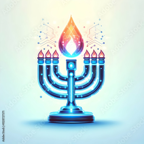 Futuristic Hanukkah Menorah Flame with Holographic Glow - Detailed Close-up of Modern High-Tech Design Blending Tradition, Perfect for Business and Creative Projects photo