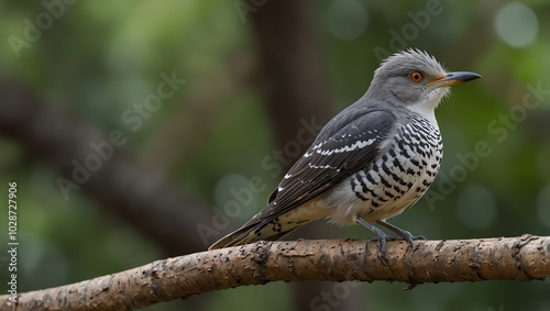 A small, gray and white bird perches on a branch.