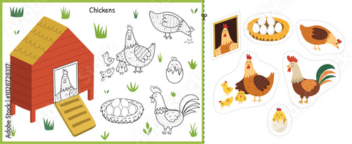 Cut and glue game with cute hen, rooster and baby chicks. Educational activity page for kids. Matching game for school and preschool. Vector illustration