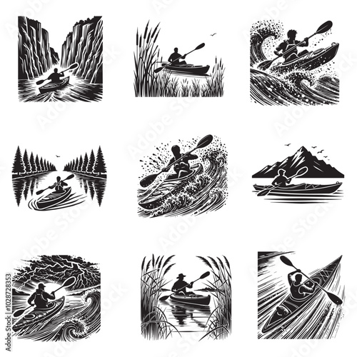 Collection of Kayaking silhouette Design, kayak Vector illustration in black and white

