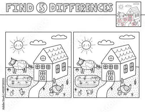 Find 5 differences activity page for kids with a farmhouse and cute farm animals. Puzzle game for developing attention for school and preschool. Vector illustration