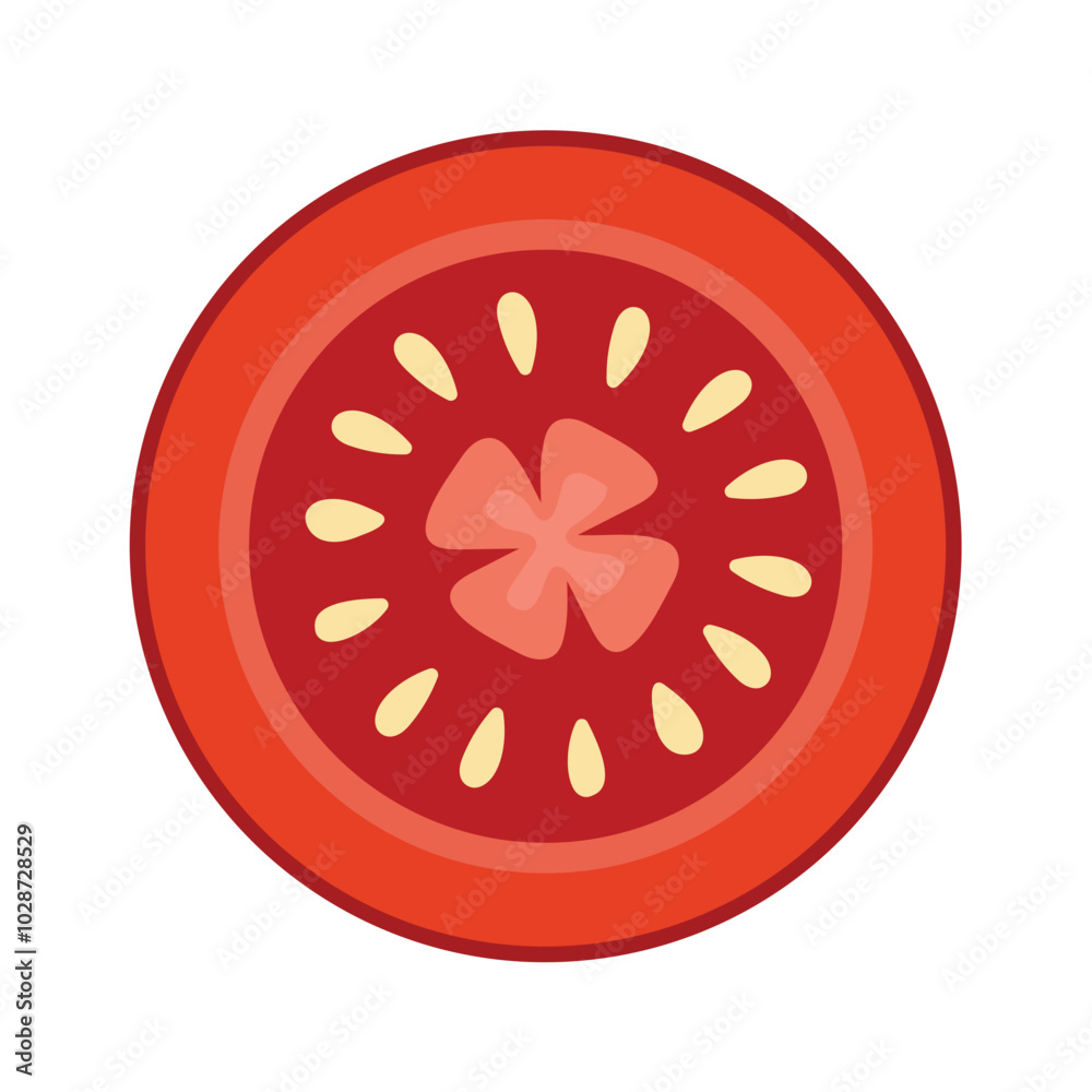 Fresh tomato slice top view. Farm vegetable element isolated on white background. Organic healthy food clipart in cartoon style. Vector illustration Fresh tomato slice top view. Farm vegetable element isolated on white background. Organic healthy food clipart in cartoon style. Vector illustration