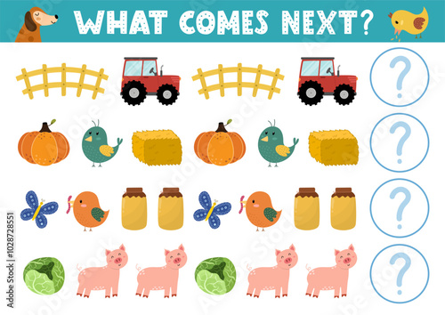 What comes next activity page for kids with cute farm characters. Complete the pattern puzzle. Logical game for school and preschool. Vector illustration