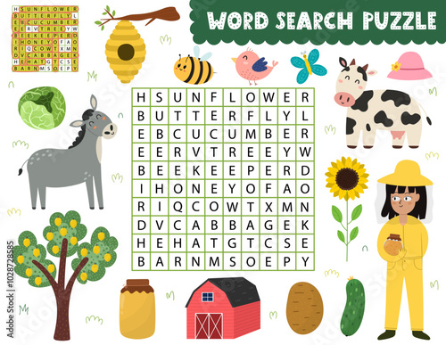 Word search puzzle with cute farm characters. Find the hidden words activity page for kids. Perfect for school and preschool. Vector illustration