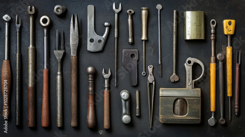 Locksmith Tools and Antique Padlock on Dark Surface