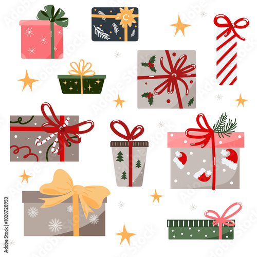 Vector Christmas and New Year gifts or presents craft set with minimal decorations, stars, bows and ribbons, santa hats, candy sticks, garlands and snowflakes.
