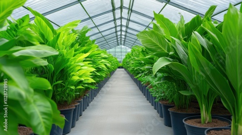 Lush green plants in a greenhouse with natural sunlight. Greenhouse and plant nursery. photo