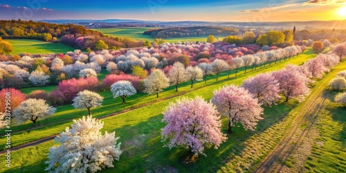 Aerial Photography of Cherry and Apple Blossoms in Spring | Stunning Horizontal View of Vibrant Blooming Trees and Colorful Flowers in Lush Green Landscapes