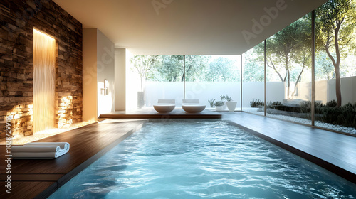 Elegant indoor pool area with natural light and modern design.